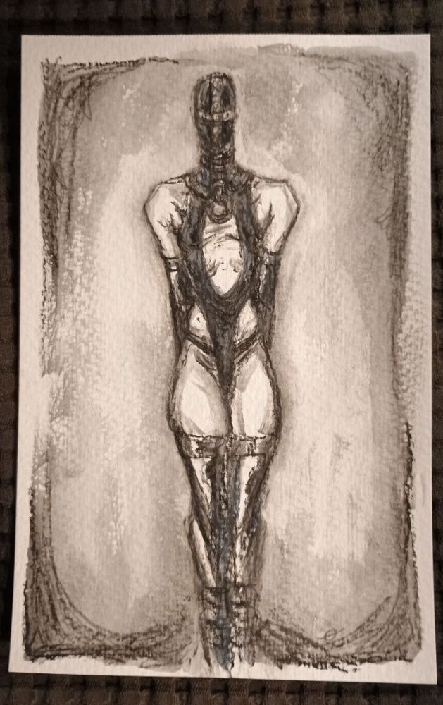 photo of a pencil drawing sketched roughly on bumpy textured paper that shows through barely damp brushstrokes in the light gray charcoal background. a tall thin pale humanoid figure in a revealing dark latex outfit with a subtle dark blue-gray wash of color. the pose suggests its arms are bound behind its back.