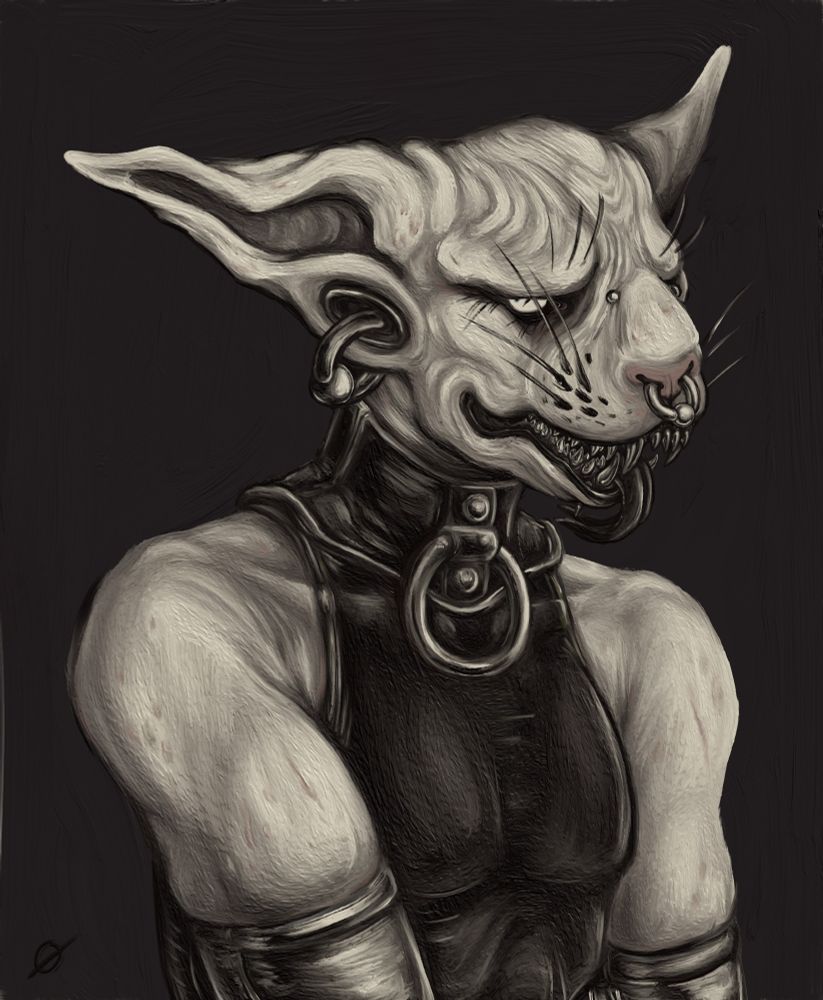 heavily textured digital painting, a bust portrait of a pale white hairless cat creature clad in black rubber. its surly sleazy grin reveals haphazard rows of shiny dark metal teeth and a rubbery black forked tongue.