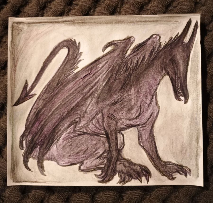 photo of a small drawing of a dragonlike creature drawn with black graphite and colored with watercolor pencils in purple and black. the background is a light wash of pale green and gray