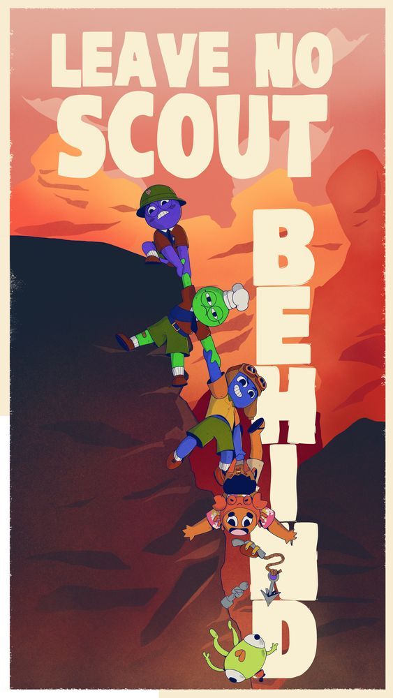 A poster in the style of retro national park travel posters for the game Peak. It features four scouts holding hands in a chain dangling off a cliff, the one at the top is desparately trying to pull everyone up.