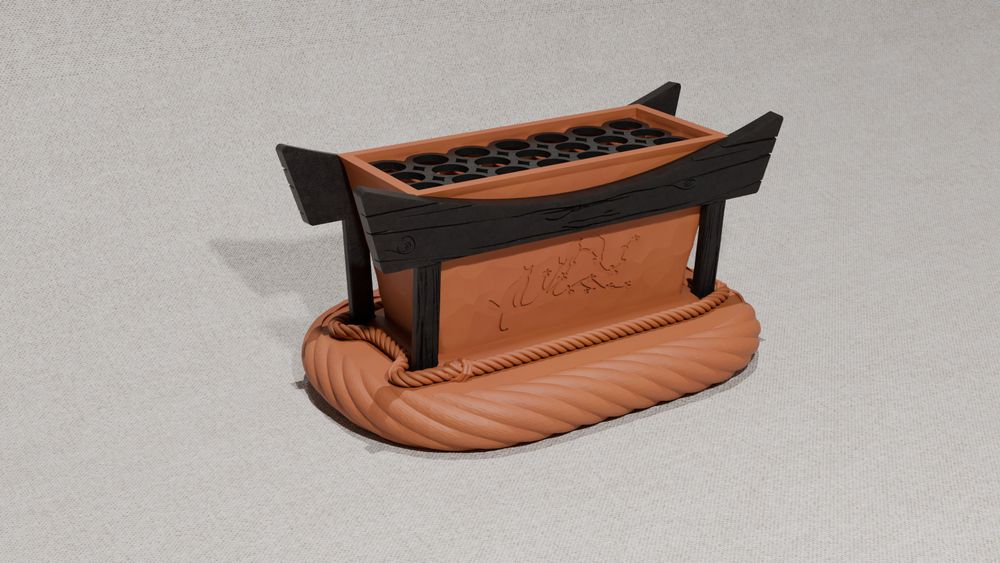 Clay coloured plant pot with faux wooden Tori gate bars on sides