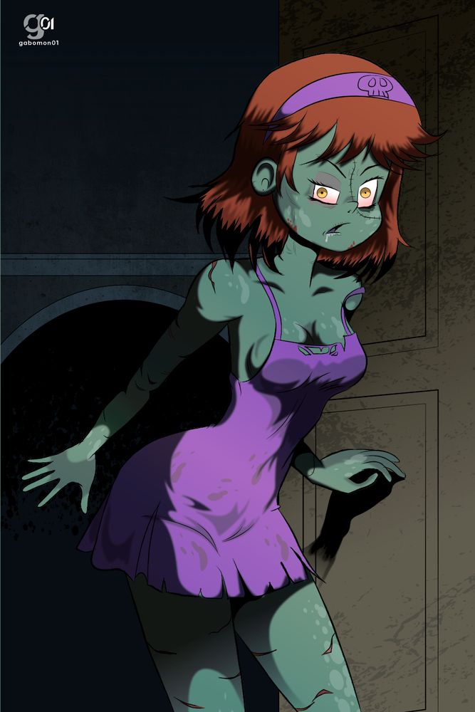 A young beautiful girl turned int a zombie with pale green skin, damaged skin and a short purple dress.
