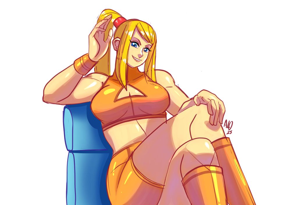 Samus chilling and waving at you wearing her Zero Suit from Zero Mission