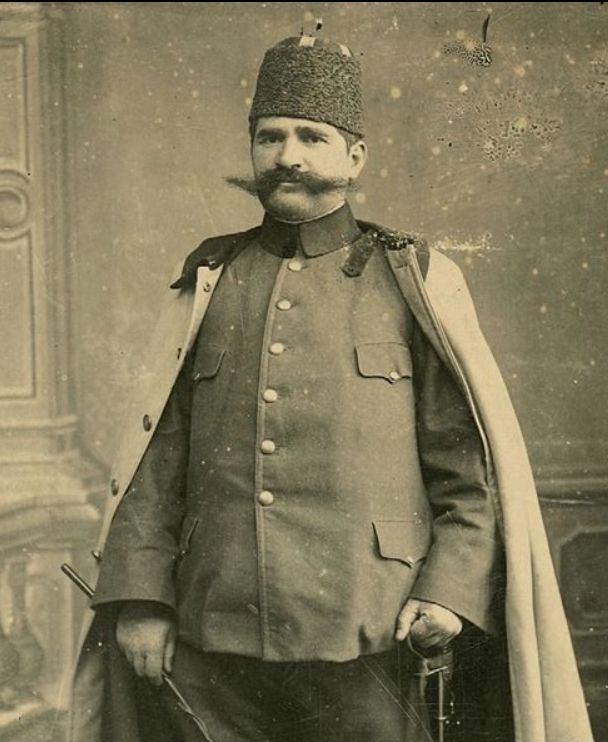 lithograph of ahmed niyazi in military uniform with a long sprawling moustache 