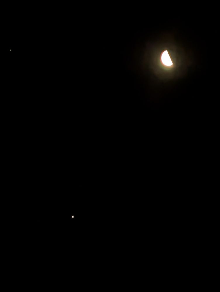 Black sky with a half-ish moon and a bright object to the lower left which is, according to the interwebs, Jupiter. 