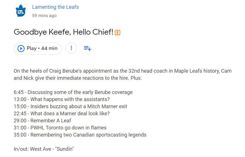 On the heels of Craig Berube's appointment as the 32nd head coach in Maple Leafs history, Cam and Nick give their immediate reactions to the hire. Plus:

6:45 - Discussing some of the early Berube coverage
13:00 - What happens with the assistants?
15:00 - Insiders buzzing about a Mitch Marner exit
22:45 - What does a Marner deal look like?
29:00 - Remember A Leaf
31:00 - PWHL Toronto go down in flames
35:00 - Remembering two Canadian sportscasting legends

In/out: West Ave - "Sundin"

Join our Patreon community: www.patreon.com/lamentingtheleafs

Follow us on Twitter:
@LamentingLeafs
Cam - @CarlPeelash
Nick - @_NickRichard
Keith - @KeithWhipp