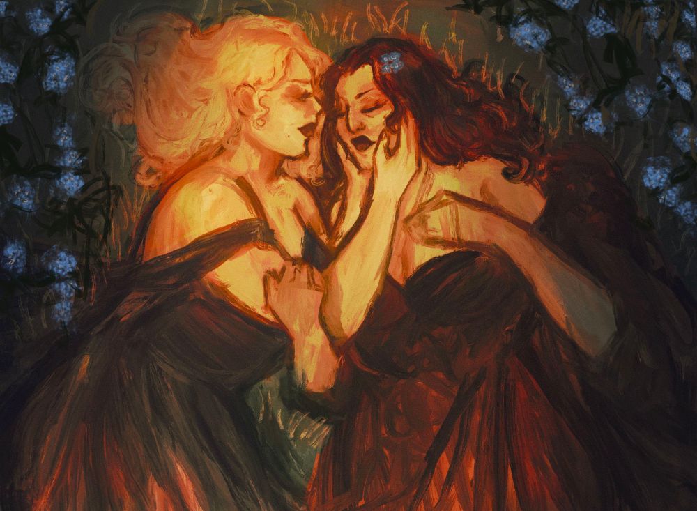 madeline ashton (resembling obc megan hilty) and helen sharp (resembling obc jennifer simard) laying together in the grass amidst many blue flowers, madeline holding helen’s face with a soft, doting expression on her face. helen’s eyes are closed, but she pulls madeline closer. helen has a sprig of blue flowers - forget me nots - behind her ear. someone has finally remembered she is there and perhaps had never stopped thinking of it