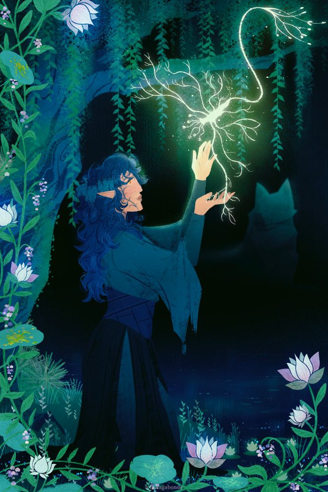 a beautiful commissioned illustration by @lolavagabonde.bsky.social, for @merhelv.bsky.social! 🫶🏻🌹💖🐛🦋

painted in deep blues and greens, Adasha Lavellan (an elf with dark hair, blue vallaslin and gold eyes, wearing Dalish-inspired mage robes) stands knee-deep in a pond amidst a darkened forest, surrounded by shore flowers and long feathered branches of a willow tree. She reaches up towards a luminous, tendriled spirit of Wisdom, and it reaches out to her too, taking her hand. 

The caption I added to the piece translates from Elven / Dalish as "It won't be terrible if you're with me. We make this journey together, always."
