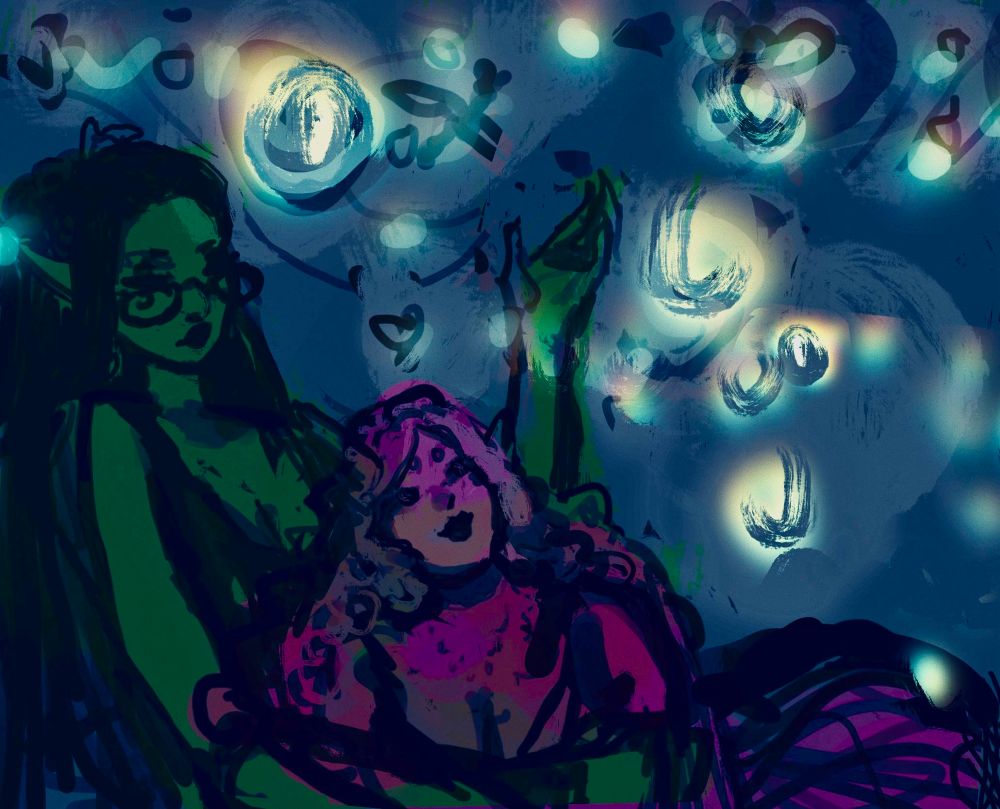 a messy sketch of elphaba (color blocked green) conjuring luminous iridescent bubbles for glinda (color blocked pink), who relaxes in her arms