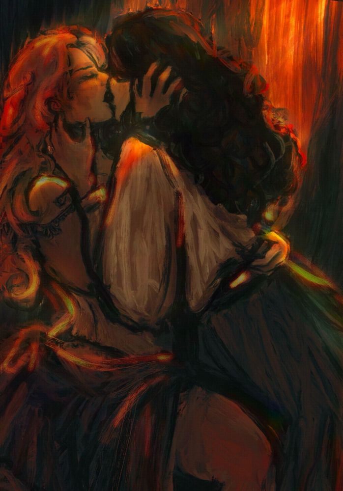 an illustration of madeline ashton (L) and helen sharp (R) from musical Death Becomes Her. They are in their early-show costumes and kissing; Madeline is sitting on a desk with Helen standing between her legs. Madeline has one hand threading through Helen’s hair and the other hand tugging at the back of her shirt. Helen has one hand cupping the place between Madeline’s jaw and neck, and her engagement ring from Ernest is visible on her ring finger. The embrace is intimate and illicit, the piece’s tone dark and occlusive save for the bright, glinting warmth where passionate light filters through and strikes them.