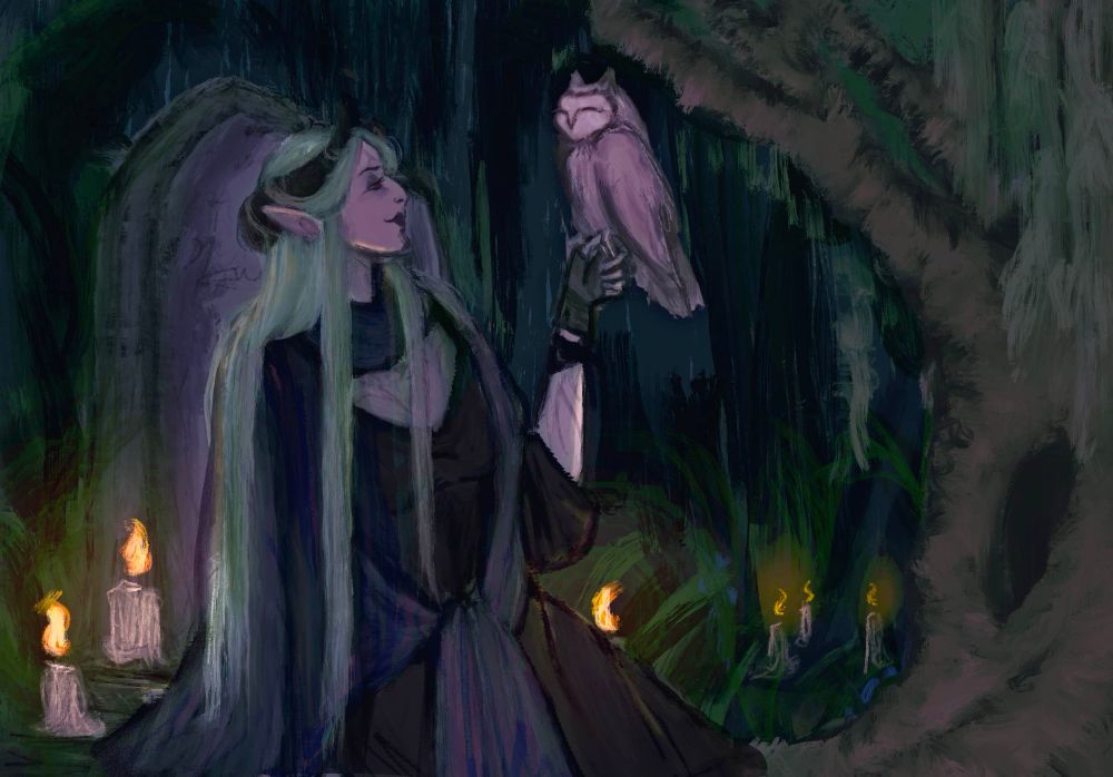 In an evening-dark, rainy graveyard overgrown with green, a woman with dark curving horns and long pale green hair (Esther) sits under a willow tree’s branches, leaning against a candlelit tombstone. She is holding a fey spirit shaped like a bird — a small barn owl with little ear tufts — perched on her hand (Primrose). Esther is is looking with a soft smirk at Primrose, who is ^_^ smiling back at her (in the way birds can smile.)