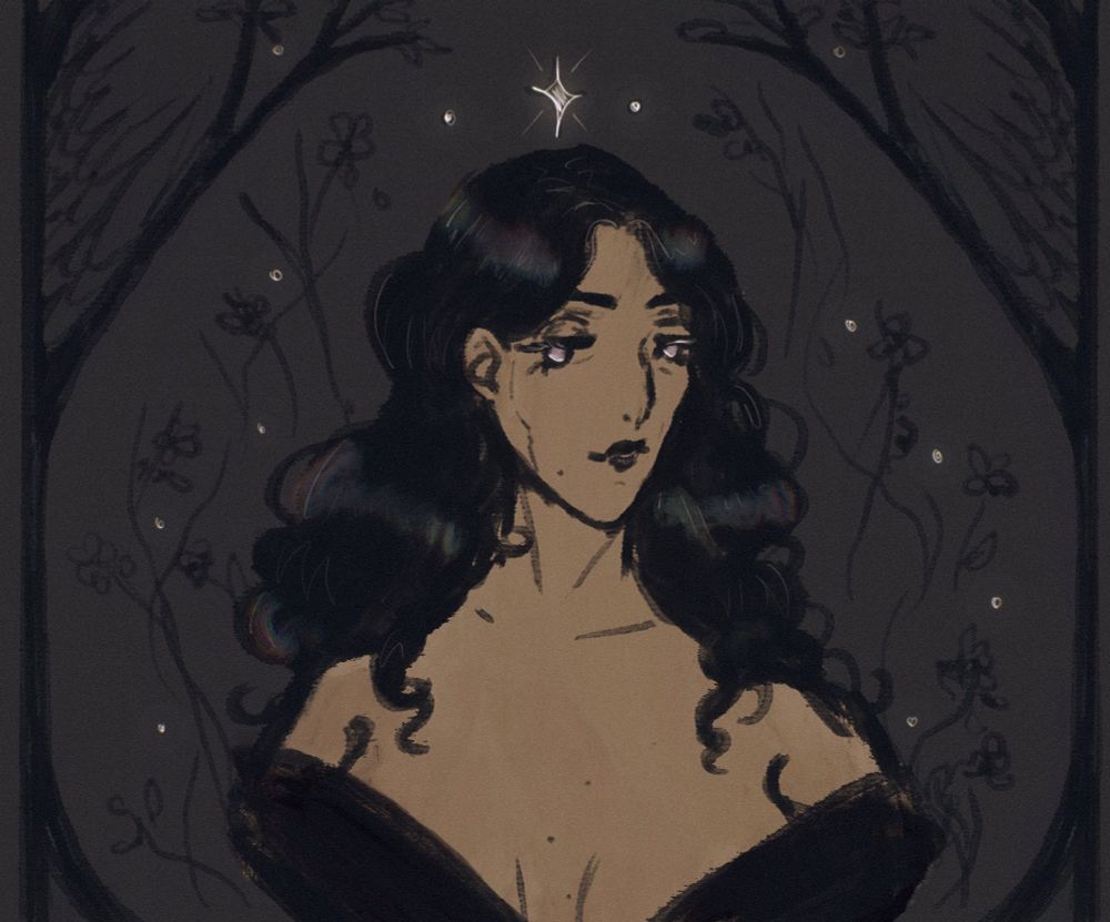 a simple illustration of Yennefer of Vengerberg, in muted / moody purples and blues and bordered with botanical sprays and wing motifs