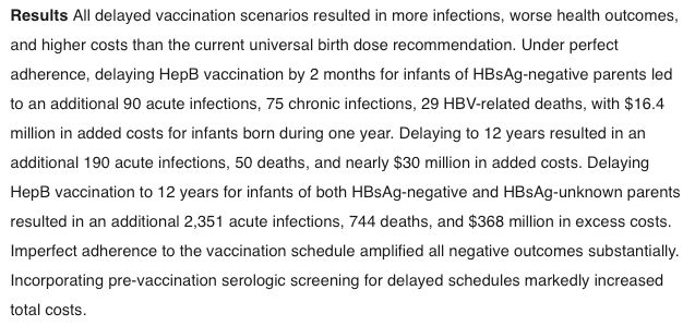 Results All delayed vaccination scenarios resulted in more infections, worse health outcomes, and higher costs than the current universal birth dose recommendation. Under perfect adherence, delaying HepB vaccination by 2 months for infants of HBsAg-negative parents led to an additional 90 acute infections, 75 chronic infections, 29 HBV-related deaths, with $16.4 million in added costs for infants born during one year. Delaying to 12 years resulted in an additional 190 acute infections, 50 deaths, and nearly $30 million in added costs. Delaying HepB vaccination to 12 years for infants of both HBsAg-negative and HBsAg-unknown parents resulted in an additional 2,351 acute infections, 744 deaths, and $368 million in excess costs. Imperfect adherence to the vaccination schedule amplified all negative outcomes substantially. Incorporating pre-vaccination serologic screening for delayed schedules markedly increased total costs.