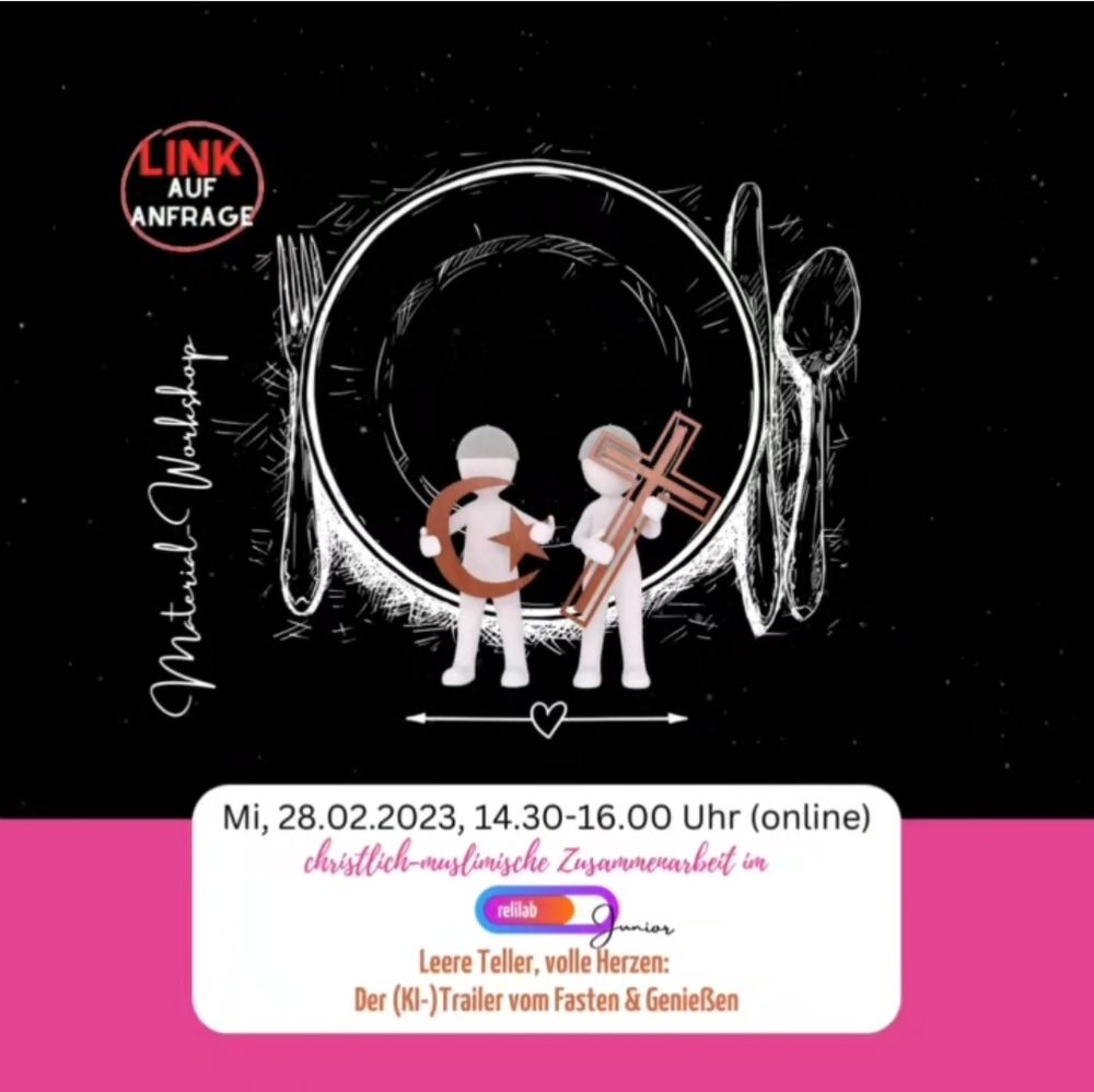 Ein Teller mit Besteck auf schwarzem Hintergrund mit zwei Männchen davor. Der eine hält Mondsichel und Stern, der andere ein Kreuz. Format, Titel, Datum und Uhrzeit sind zu sehen.