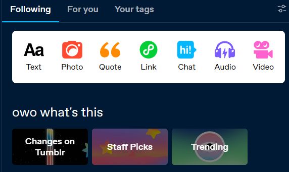 tumblr front page with an "owo what's this" header above the updates section