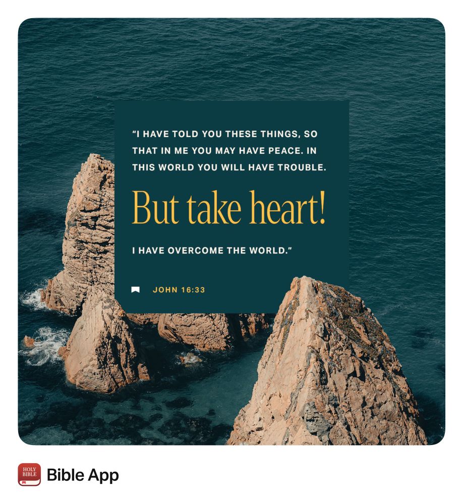 I have told you these things, so that in me you may have peace. In this world you will have trouble. But take heart! I have overcome the world. John 16:33