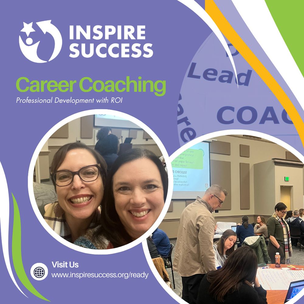 The Inspire Success logo appears top left. The image includes photos of Mary Martinez and Shannon Mount and participants of the event. Text on the image includes: Career Coaching: Professional Development with ROI. Visit us at inspiresuccess.org/ready.