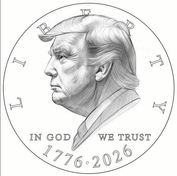 Entwurf einer Sondermünze zur 250-Jahr-Feier des amerikanischen Staates mit Donald Trump auf der Vorderseite.