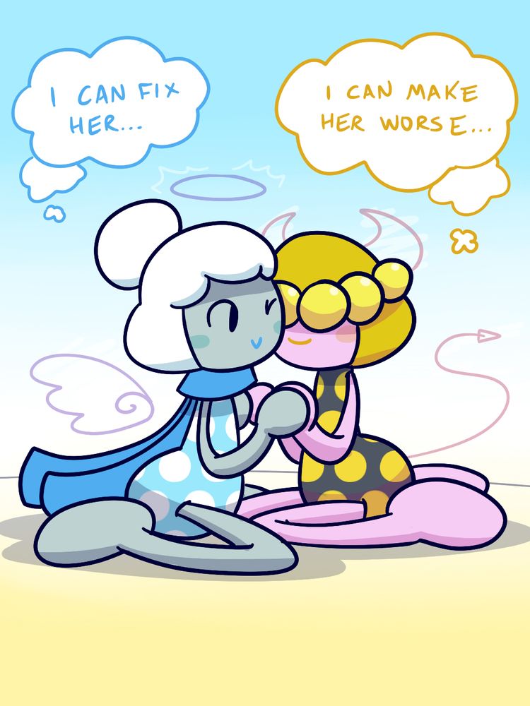 Cloud and Star sitting close to each other 

Cloud thinking to herself “I can fix her…”
Star thinkingto herself “I can make her worse…”