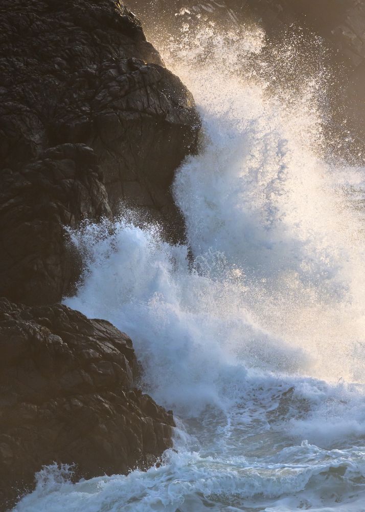 A vertical-format photo of waves crashing into rocks. Rocks on left of frame. A mass of spray and sea foam on right, some in shadow and some in sunlight. 