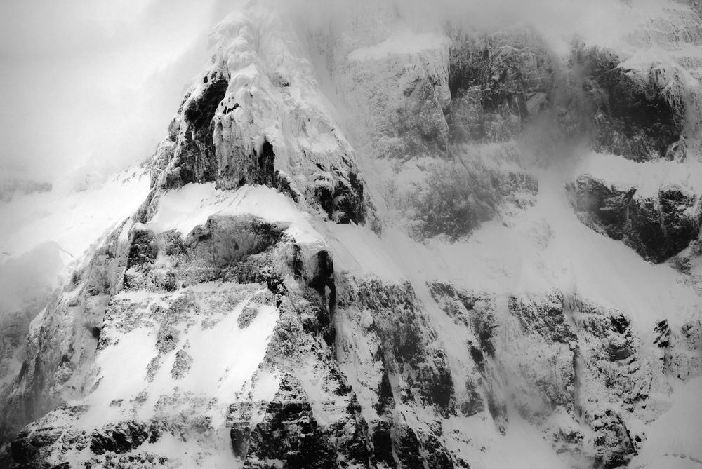 A black and white photo of a detail from a mountain range in Antarctica. 
