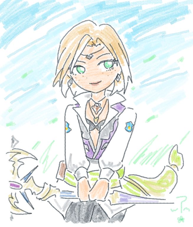 A blonde haired Hyur woman with green eyes from FFXIV named Elanna. She is wearing a chain on her forehead, a white and purple shirt with blue Free Company symbols on its sleeves, and holding a staff in front of her with both hands. She is smiling and looking to her left.