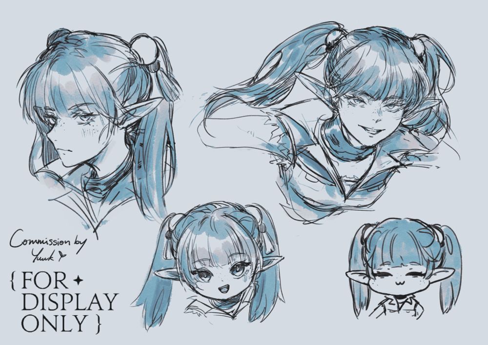 Four doodles of an elven looking woman with blue hair and twintails. Art by @yuuk0416.bsky.social