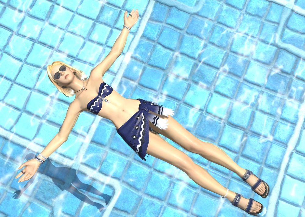 A blonde haired hyur from FFXIV in a blue swimsuit floating in a pool.