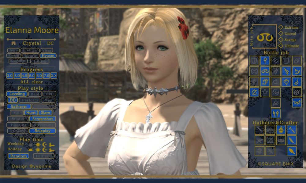 An image of a blond haired ffxiv hyur woman in a white outfit. On the left and right are screen columns showing her name (Elanna Moore), the character's play styles, play times, and jobs.