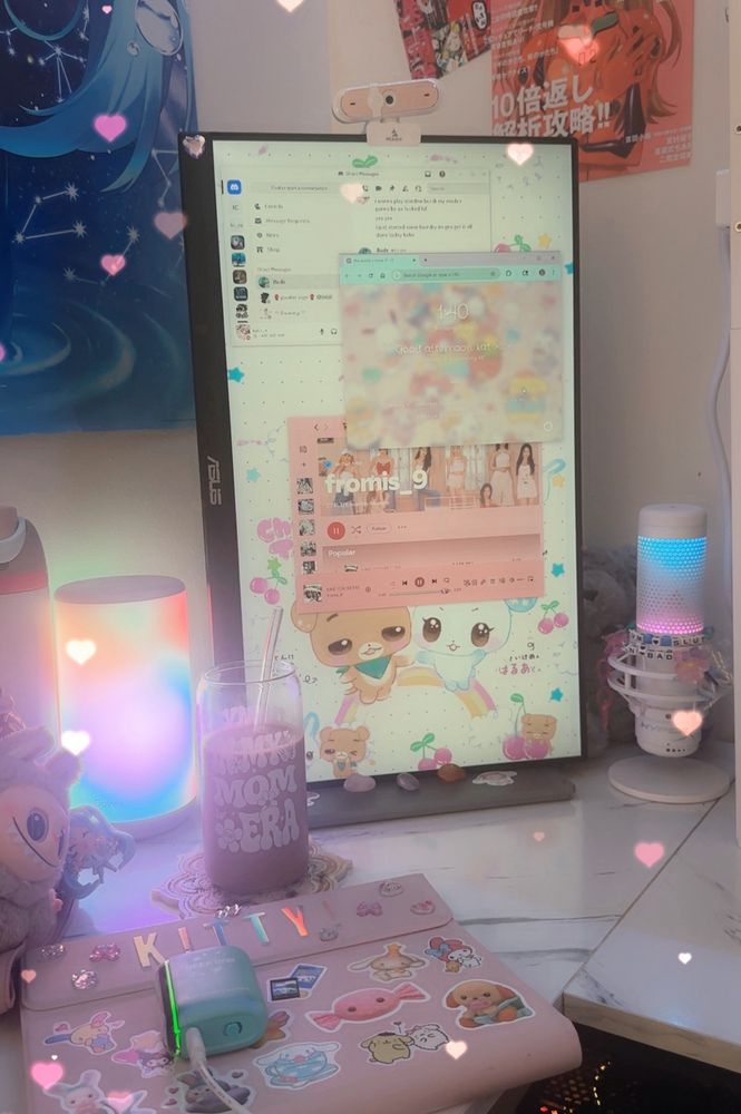 kittys vertical monitor + iced coffee, vape, ipad, lava lamp + hyperx mic