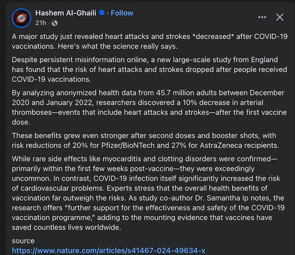 Details which are contained in the post on how Covid vaccine is correlated with reduced heart attack and stroke cases