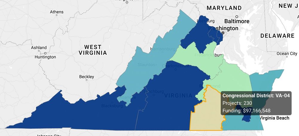 a map of Virginia with VA-04 congressional district highlighted displaying 2024 grants from the NIH = $97M