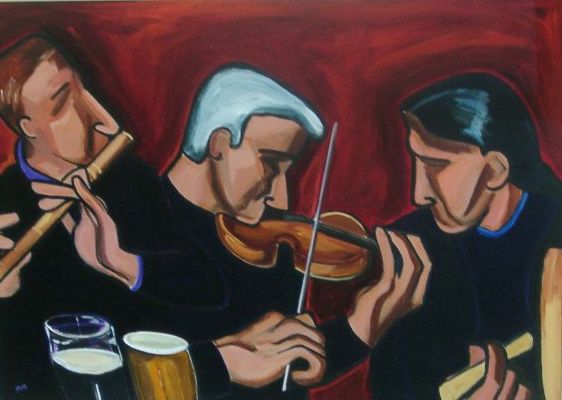 A painting of Irish musicians a flute player, a fiddler and a Bodhran player. We are led to believe by the painting that they are playing in a pub session because there are part drunk pints of Guinness and an amber beer in front of them.

Fiddle, Tin Whistle & Bodhran Player by Pam O'Connell 
40x50"
Acrylic on Canvas
€2400  was available from The Kenny Gallery thekennygallery.ie