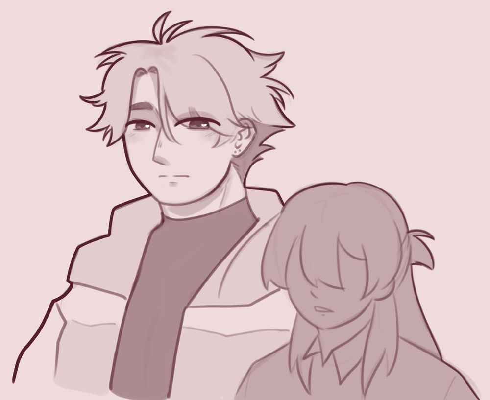 A monochrome sketch of Kenji in his mid-20's, in a turtleneck and jacket. He eyes Miyaka next to him, in shadow, with a longing expression. His cheeks are slightly reddened.