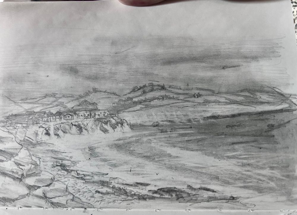 Sketch of the cork coast in rough, expressive gesture. The paper is partially sodden with rain