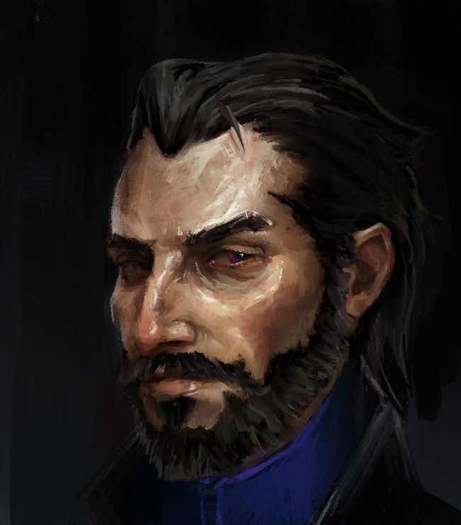 A standard 3/4 profile of Lucanis looking out to the viewer. The brush strokes are scratchy with a strong contrast in value between light and shade to provide a drama. He appears to sink into the dark background of the canvas.