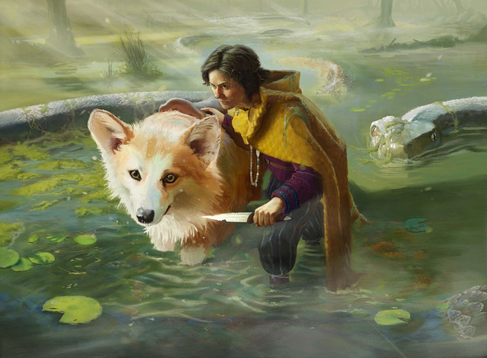 A young traveller wades through a humid, wanly sunlit swamp with their giant dog mount. The traveller grasps a chipped dagger in their left hand and rests their right hand against the saddle of their mount. They wear a long, sodden yellow wool cape over a purple wool jumper and navy striped trousers tied up in a failed attempt to keep them dry from the water. The dog mount is also sodden, with water droplets running off its mane and fur, In the background, a giant snakes body curves toward and around them. The snake's head, half-submerged, peers at them from behind. Have they seen it?