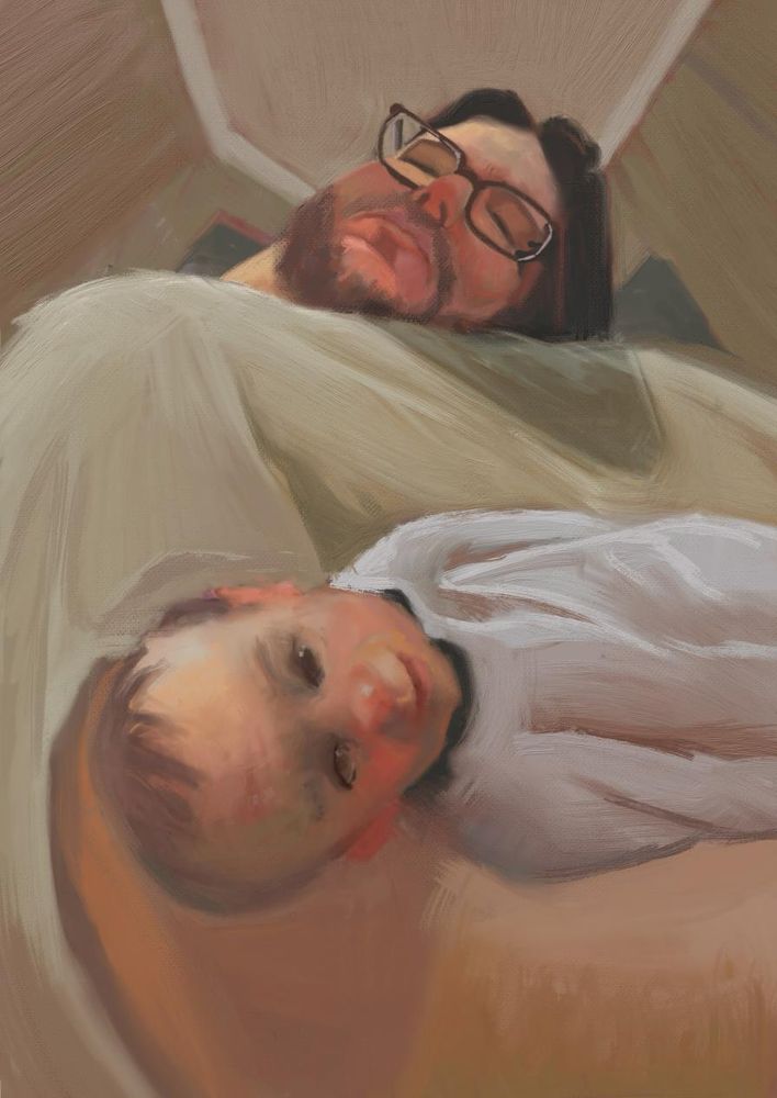 The viewer looks up toward a bearded man holding a baby. Both look out of the canvas to the viewer due to playing with perspective and scale. The baby smiles