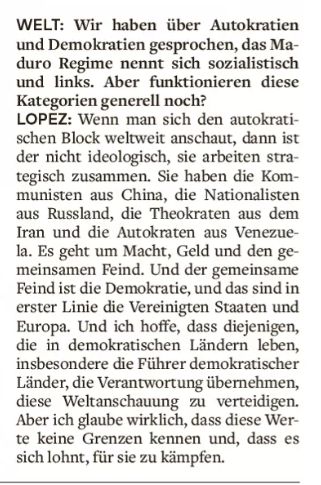 Der venezolanische Oppositionspolitiker Leopoldo Lopez über Autokratie und Demokratie.