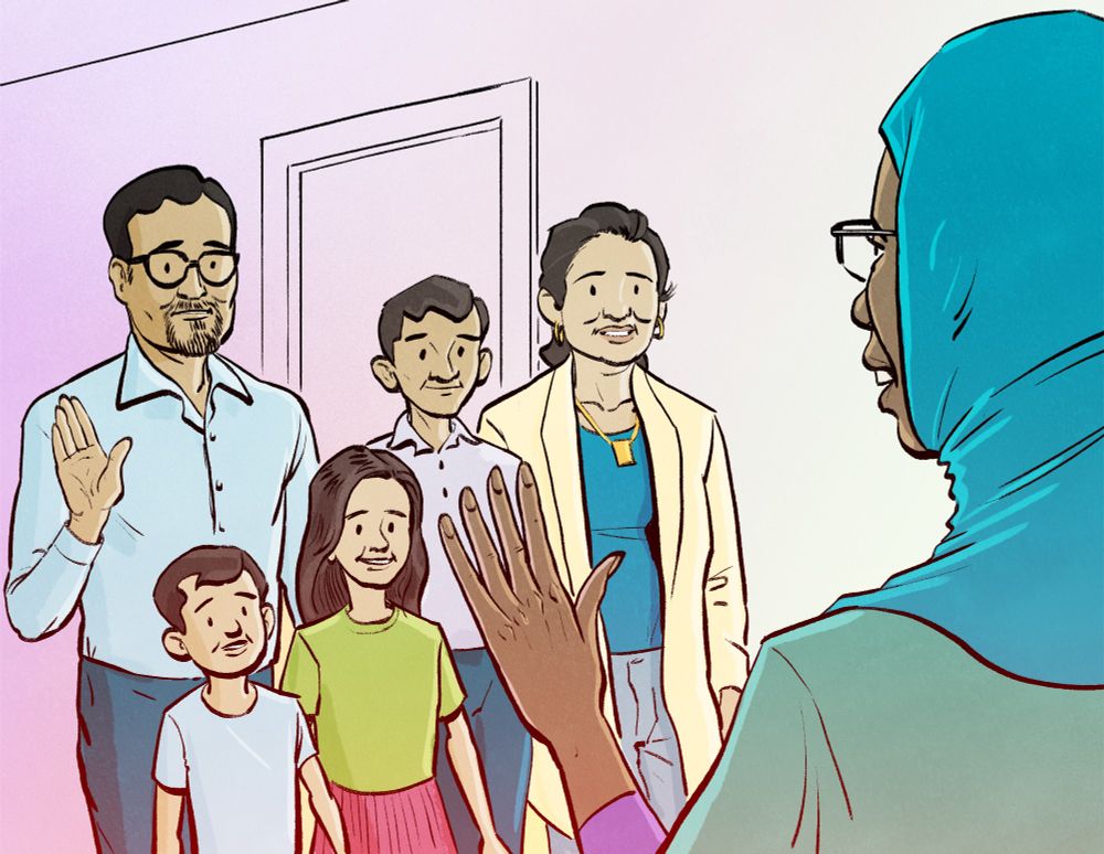 A family visits the long-term care facility where their relative is living. They are meeting one of the caregivers for the first time, greeting each other with a friendly wave.