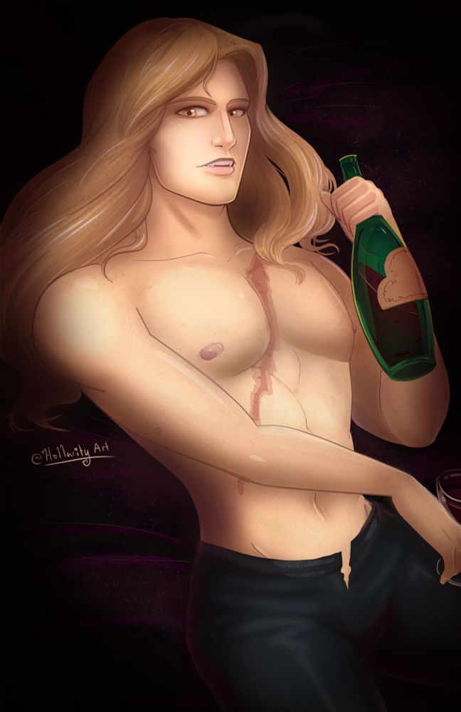 Alucard Tepes lounging on a bed holding a bottle of wine and a glass.