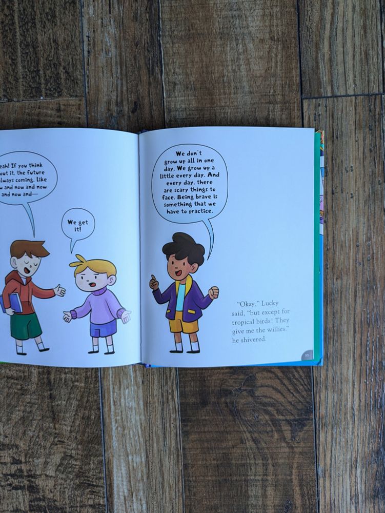 An inside page showing one of the main characters talking about the everyday practice of being brave.