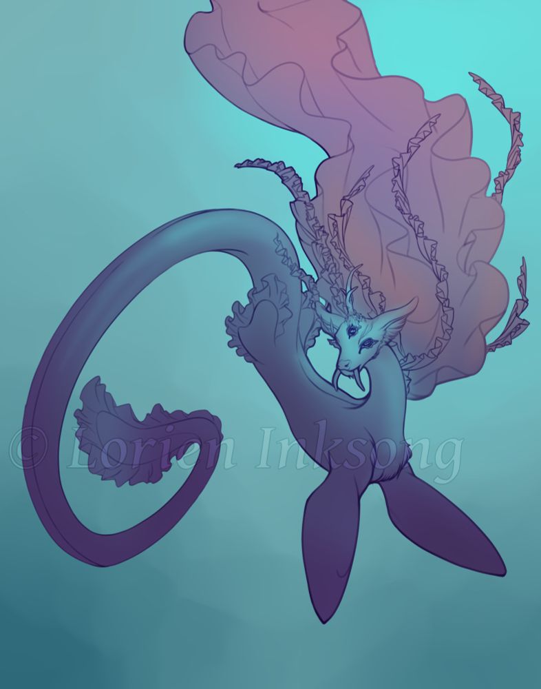 A strange and ominous ocean dwelling unicorn twists in the water, turning towards the viewer. Its mane is made of jellyfish tentacles and frills, it has three eyes (the extra centered at the base of its strange branching horn) with W shaped pupils like a cuttlefish might. Its front legs are flippers and it has a long twisting body like an eel. It has a delicate deer-like face, with two fang like tusks portruding down from its closed mouth. The head, neck, and shoulders are lightly furred, whereas the rest is smooth.
The artwork is not fully colored, but a lineart filled with a deep dusty purple to magenta gradient against the turquoise blue of the sea.