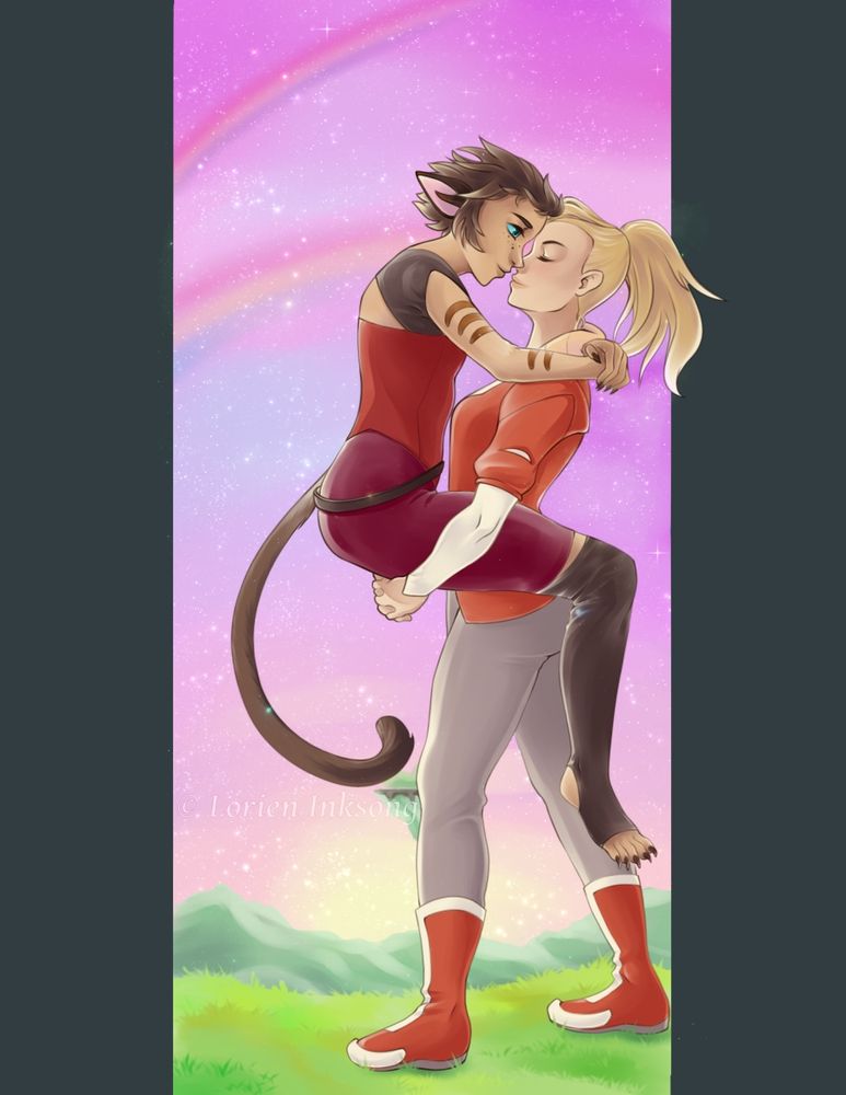 Adora embraces Catra while picking her up off her feet. Their noses are touching, Adora's eyes are closed while Catra stares into her face. Behind them the green fields of Etheria and the pink sky is filled with rainbows and glitter.