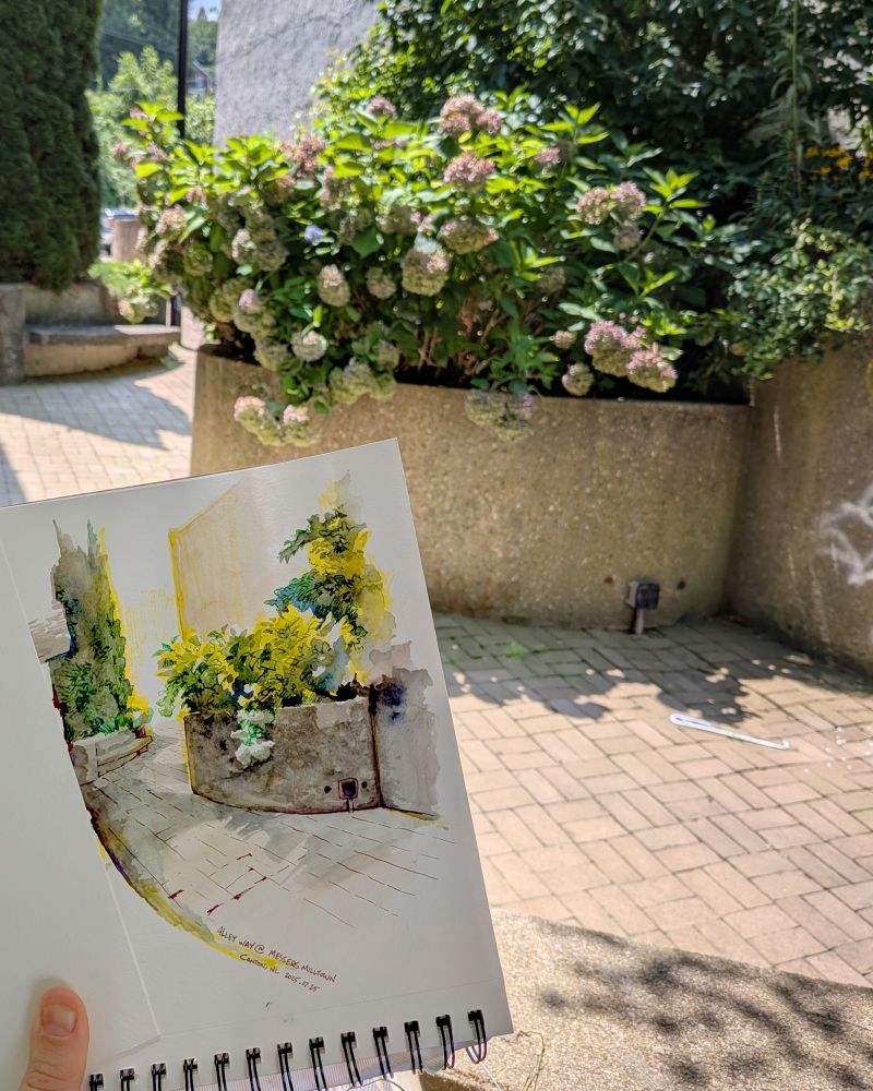 Photo of a sketch held in front of the scene: a snaking alley path lined with brick walls that provide space for planted trees and hydrangeas.