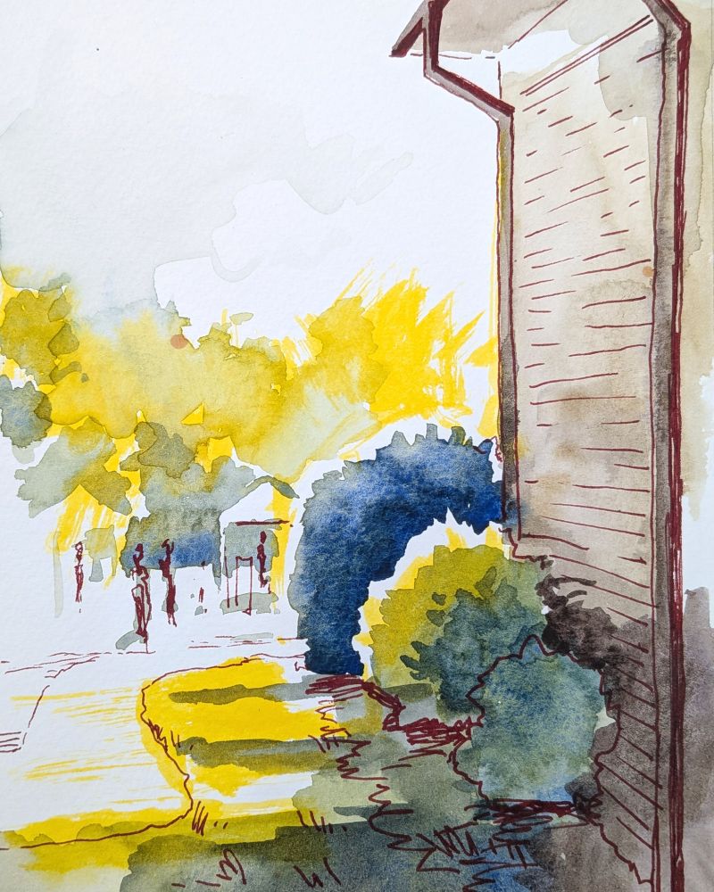 Study of sunlight beyond a building with market tents very loosley and impressionistically drawn in the background.