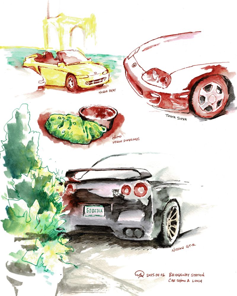 Sketch showing a Honda Beat, Toyota Supra, some dumplings from lunch, and a Nissan GTR in ink/watercolor