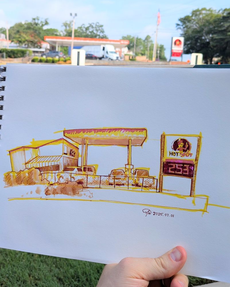 Depiction of a gas station called "Hot Spot" using warm colored inks in the gamut of magenta to orange to yellow. Proportions are squashed to fit the page well and angles are illustratively stylized.