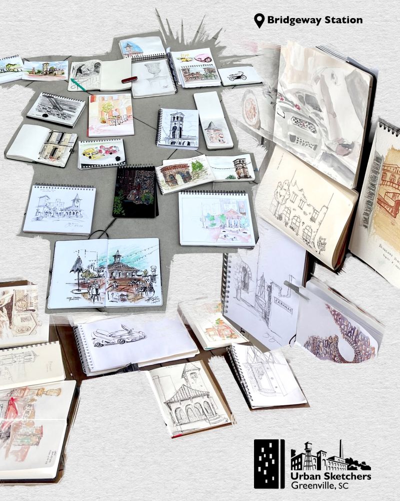 Collaged photos of the sketchbooks from Urban Sketchers Greenville, SC
