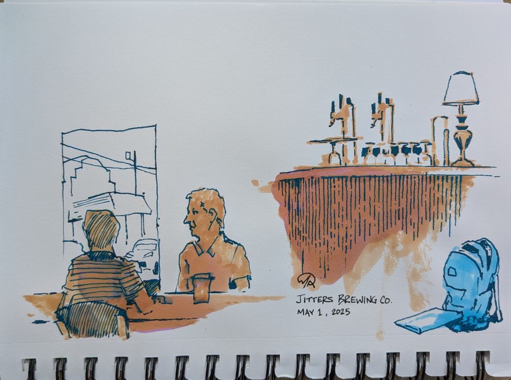 3 sketches are on the page. First, people sitting at a table with a view through the window behind them. Next, taps at a bar and upside down wine glasses. Finally, a student's bookbag and a notebook.